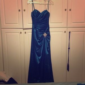 Strapless satin teal evening gown with Shaw